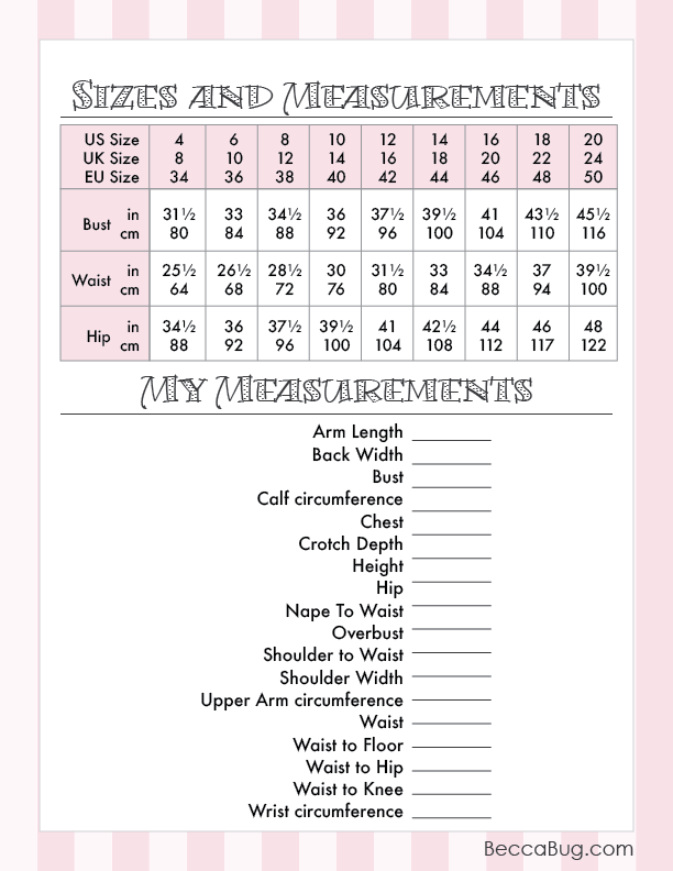 Sewing Tips Sizing Chart and Personal Measurements Chart